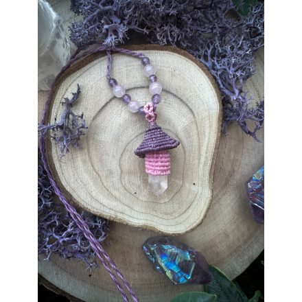 Aura Quartz Mushroom Necklace with Aura Rose Quartz and Amethyst Beads